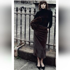 ZARA WOMENS FAUX FUR BROWN MIDI SKIRT LIMITED EDITION , SIZE LARGE